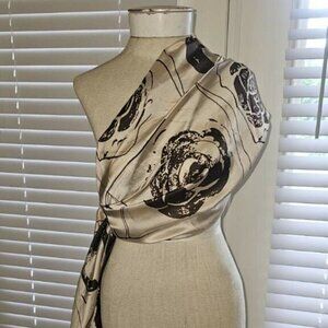 100% Silk Brown Floral with Cream Background Scarf